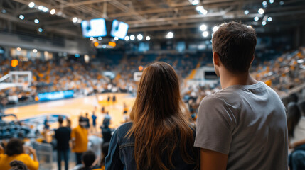 Fototapeta premium Faceless basketball fans watching basketball game at large stadium, court spectators, hoops enthusiasts, arena crowd, game atmosphere, sports viewing, with copy space
