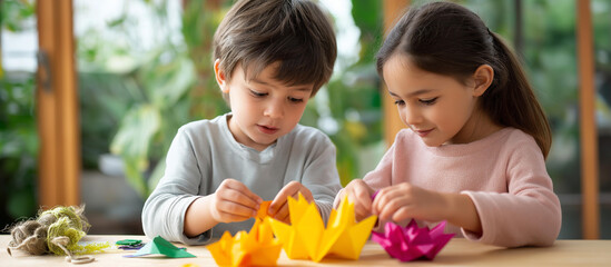 Obraz premium Two small faceless children boy and girl focused and engaged in making paper lanterns and crafts at sunny wooden table childhood creativity hands on art project