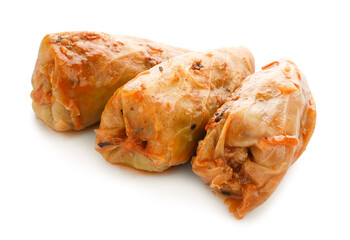 Delicious stuffed cabbage rolls isolated on white
