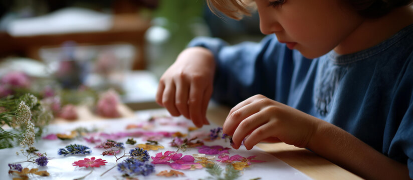 Child's small hands carefully arranging colorful pressed flowers on white surface in delicate creative craft activity botanical art making nature inspired crafts floral