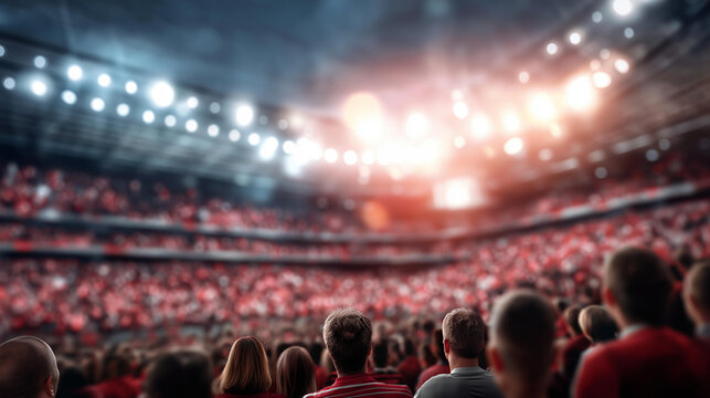 Soccer stadium full of defocused spectators, AI generated image, crowd atmosphere, fan presence, sports venue, match setting, athletic event, with copy space