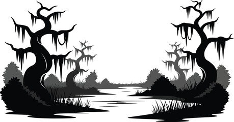 A striking black and white silhouette of swamp trees and water creating a mysterious landscape on transparent background high quality professional © GDMala02