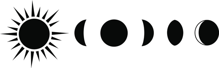 Stylized illustration depicting the phases of the moon and a sun presented as a black silhouette on transparent background high quality © GDMala02