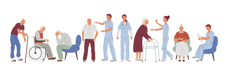 Obraz premium Nursing home. Elderly men and women in various activities with medical staff in specialized medical attire, elderly care concept.