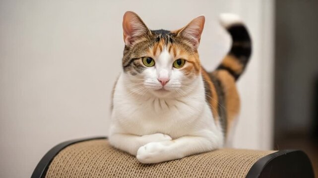 Calico cat resting on a scratching post with a relaxed expression