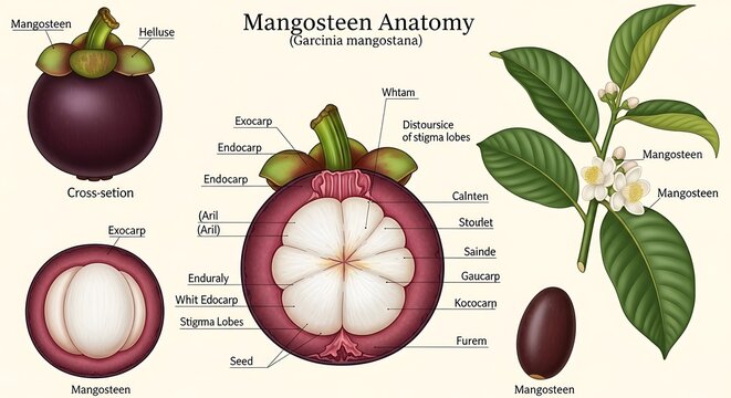 Mangosteen Fruit Anatomy Diagram Illustration.