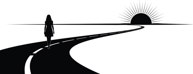 A solitary figure walks along a curving road towards a radiant sunrise depicted as a striking silhouette on transparent background © GDMala02