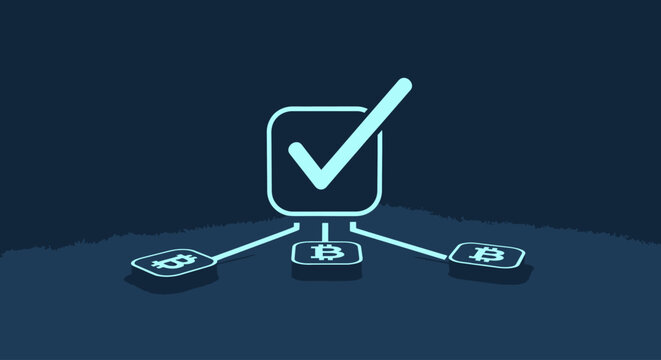 Blockchain Validation with Bitcoin Network Connected to a Checkmark Symbol