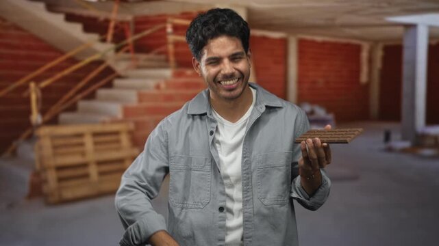 Man holding a chocolate bar in his hand, smiling and looking down inside a building under construction with pallets and stairs; joy.