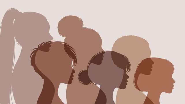 Diverse female silhouettes animation on white and transparent background pastel women profiles motion graphic for Women History Month feminism equality empowerment international women's day