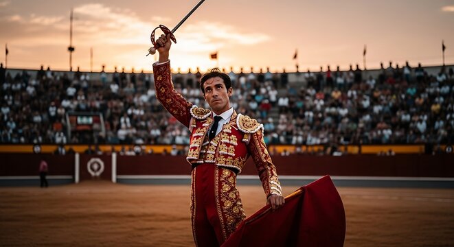 Matador Standing in Bullring at Sunset.