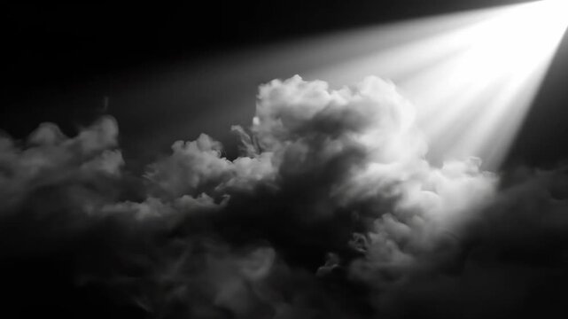 Ethereal volumetric light ray shining down through thick, dark, rolling smoke clouds for cinematic overlay or abstract background.