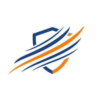Abstract shield with swooshing lines in blue and orange.