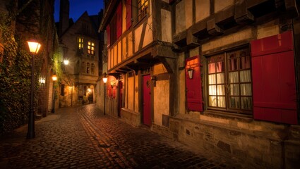 Fototapeta premium Charming Cobblestone Alleyway at Night
