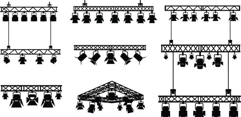 Obraz premium Various stage lighting rigs and structures showcasing different configurations on transparent background silhouette high quality professional detailed modern elegant stylish clean