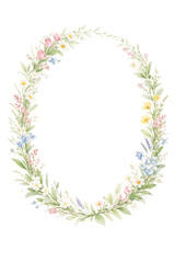 Obraz premium Delicate watercolor pastel oval floral frame, elegant soft wildflowers and green leaves border for wedding invitations and greeting cards