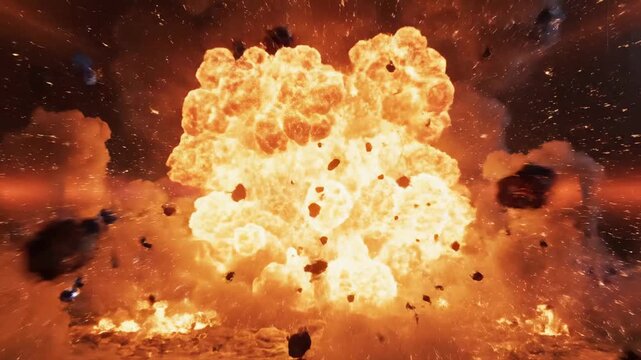 Massive explosion with fire, smoke, and debris in dark industrial setting
