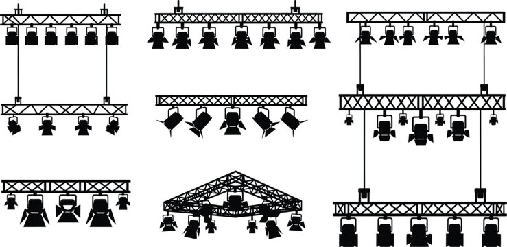 Various stage lighting rigs and structures showcasing different configurations on transparent background silhouette high quality professional detailed modern elegant stylish clean