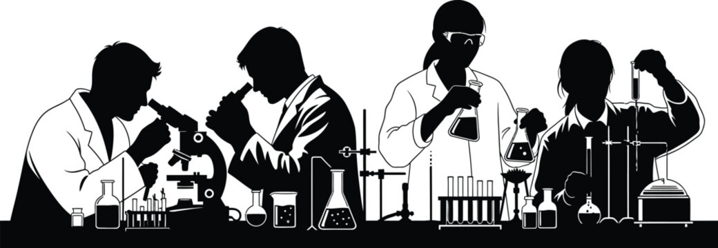 A black and white silhouette depicting scientists working in a laboratory setting surrounded by various lab equipment on transparent background