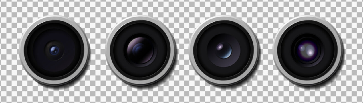 Realistic high detailed modern camera lens pack. Smartphone, camera close uo isolated on transparent background. Vector illustration