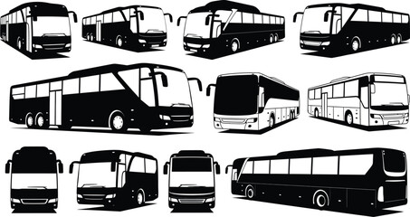 Collection of various bus silhouettes in black and white showcasing multiple angles and perspectives on transparent background high quality professional detailed © GDMala02