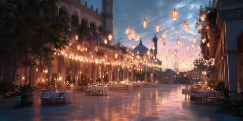 Fototapeta premium Evening gathering with lanterns and tables in a historic courtyard