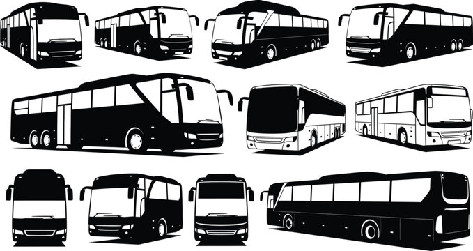 Collection of various bus silhouettes in black and white showcasing multiple angles and perspectives on transparent background high quality professional detailed