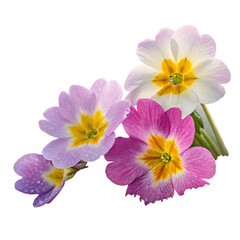 Delicate spring primroses in soft pink, lavender, and cream hues with vibrant yellow centers isolated on a transparent background