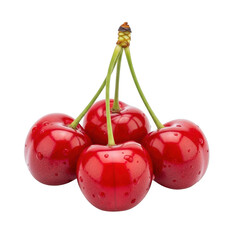 A cluster of four ripe red cherries with green stems