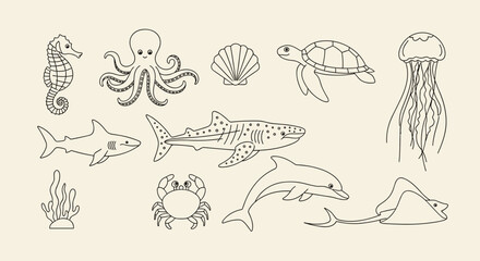 Cute Marine Life Doodle Collection – Hand-Drawn Sea Animals Illustration Set © Hussain