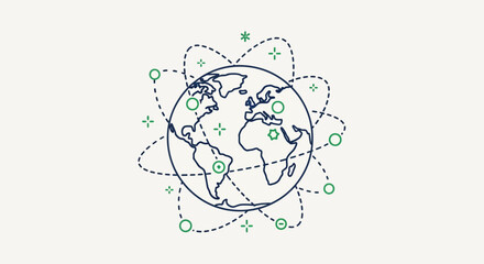 Minimalist global network communication icon with world map and orbiting connections. © Peopple