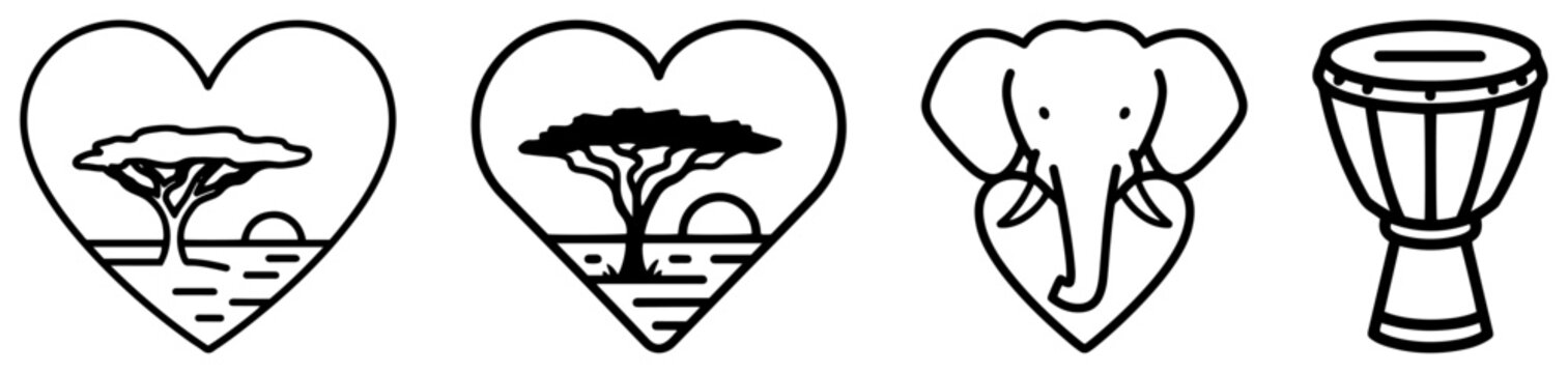 Set of african safari icons including elephant and acacia tree in heart