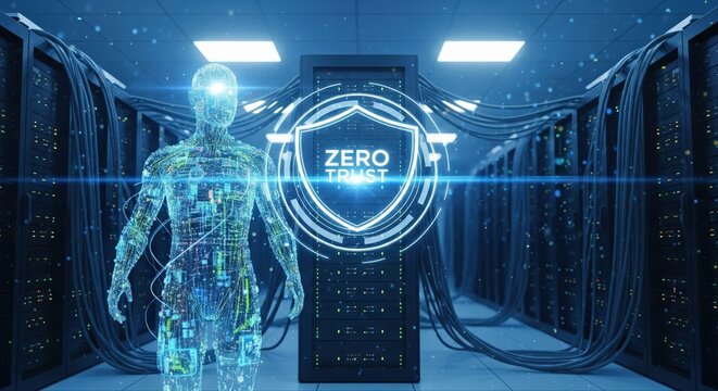 Zero trust cybersecurity concept with digital human figure in server room. Data protection and network security technology background for business and IT design