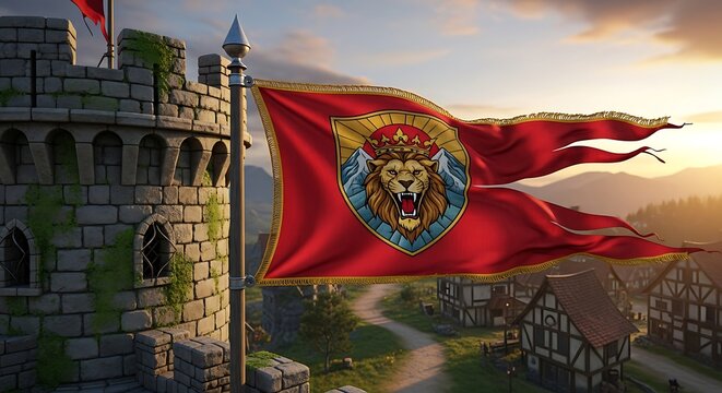 Medieval Castle with Lion Flag Waving.
