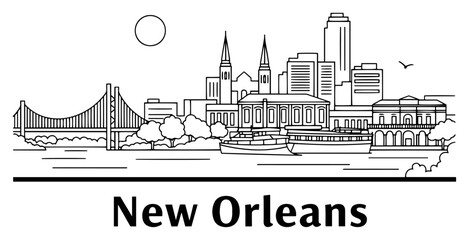 Naklejka premium New Orleans city skyline with steamboat and bridge on river linear illustration