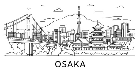 Obraz premium Osaka city skyline with bridge and castle linear illustration