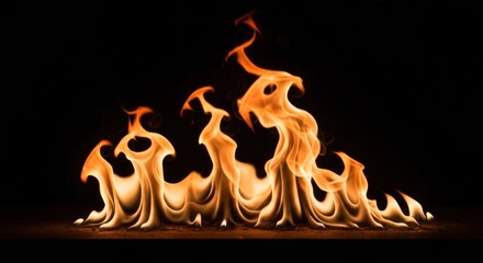 Fiery flames, orange and yellow, dancing in a dark background
