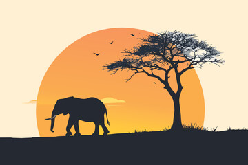 Fototapeta premium Elephants Silhouetted in Sunset on Savanna Field