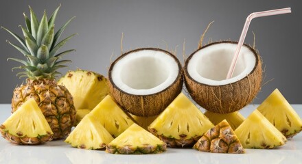 Fresh pineapple and coconut slices on a white surface. A halved coconut with a straw is centered, surrounded by pineapple wedges
