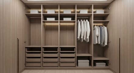 Light-filled walk-in closet with light wood tones, showing various storage solutions. Organized, modern closet with hanging clothes and boxes