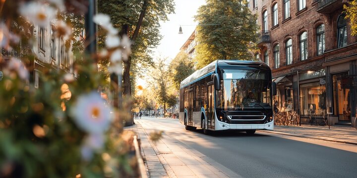 City bus travels down tree-lined street during late afternoon in urban setting