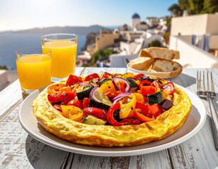 Fototapeta premium Vibrant Mediterranean vegetable omelet served with fresh orange juice on a sunny terrace. Perfect for travel, wellness, and healthy lifestyle content featuring scenic coastal views.