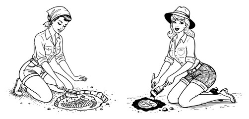 Two female archaeologists excavating ancient fossils with brushes in sketch style © Celestynka