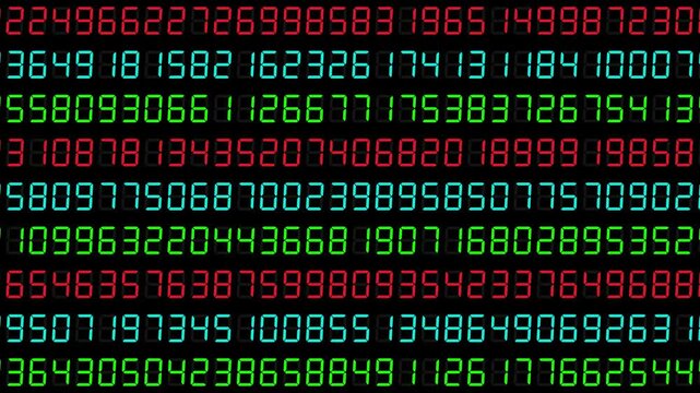 Randomly changing red, blue and green numeric code text on black background, wide format, resembling a system monitoring display and abstract system log style. 4K motion graphics.