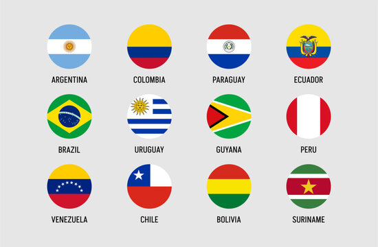 South America flags collection in circular format, detailed vector illustration with 12 national flag icons, vibrant colors, clean modern design