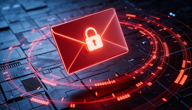 Cybersecurity concept with glowing red envelope and padlock representing encrypted email message, 3D illustration of secure digital communication and data privacy protection against spam phish