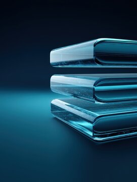 Abstract stack of translucent blue glass rectangles with rounded edges on a dark background