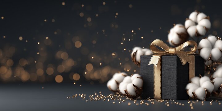 Luxury black gift box with white ribbon, cotton bolls, and soft snowfall bokeh on dark background.