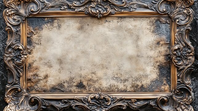 An ornate, antique picture frame with a distressed, vintage look and intricate carvings