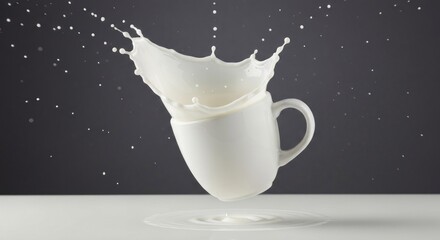 Milk splash in mid-air, a white ceramic cup